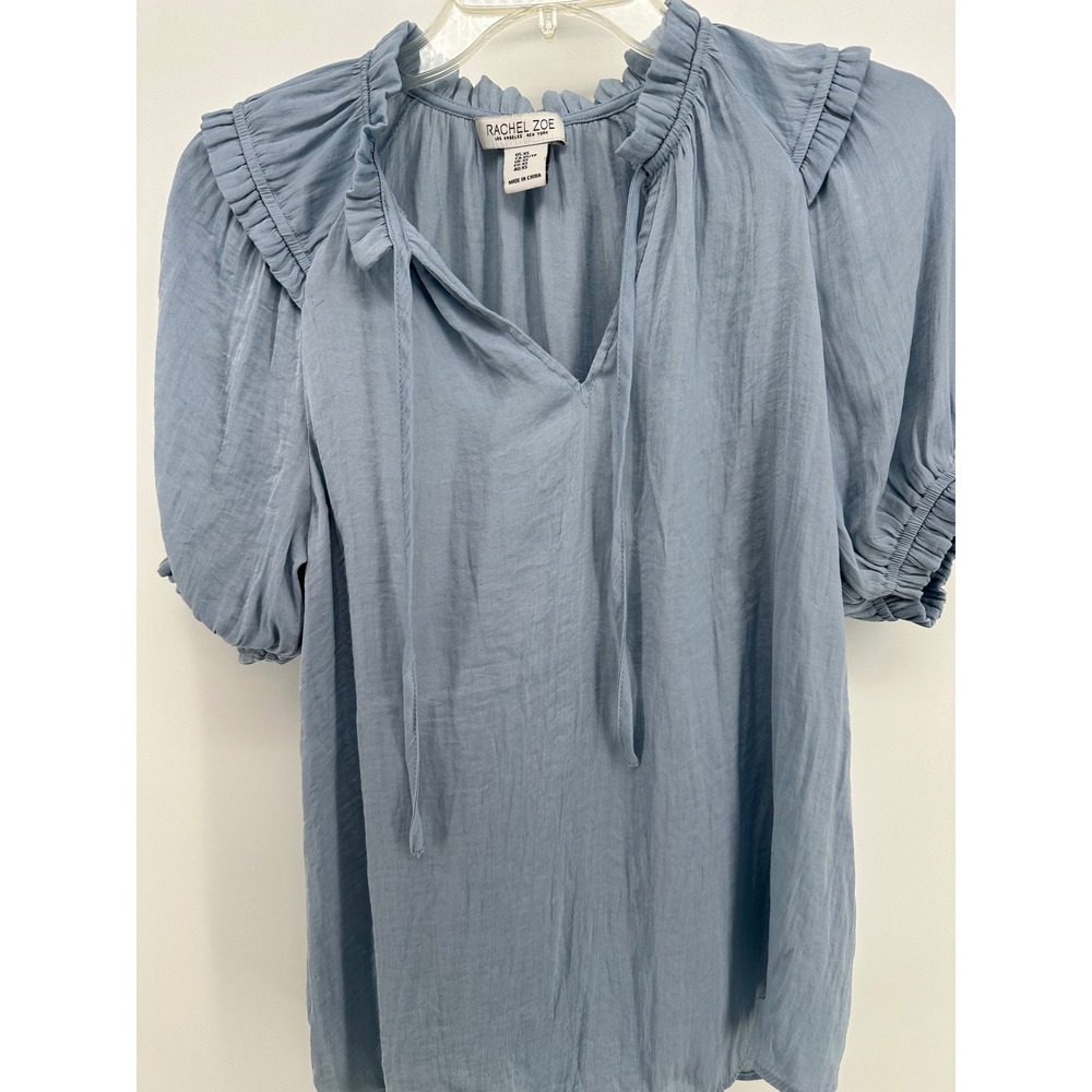 Rachel Zoe Womens XS Light Blue Ruffle Tie Neck Puff Sleeve Peasant Blouse Top
